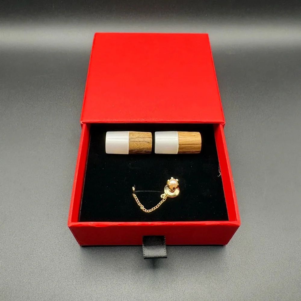 Vintage Wood White Inlay Cufflinks Pearl Tie Tack Gold Tone Mens Dress Set